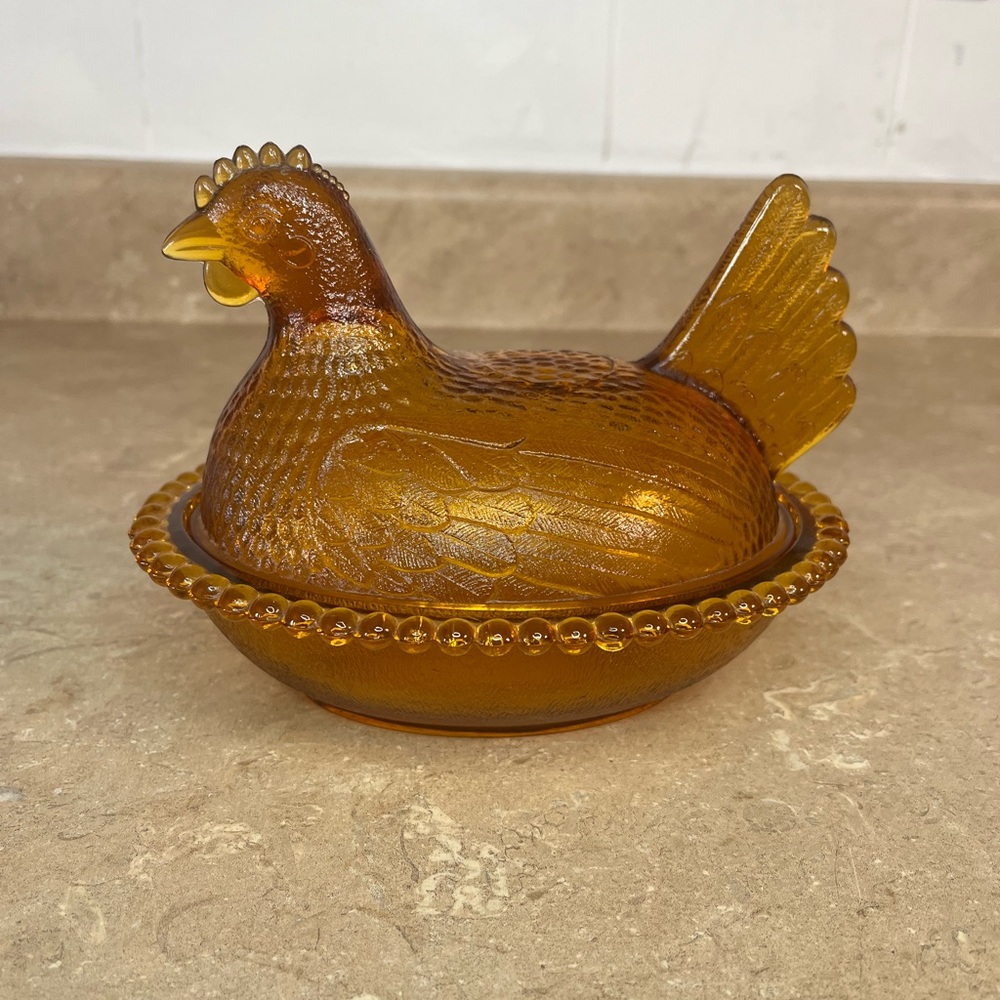 Indiana Amber Glass Hen on Nest Candy Dish